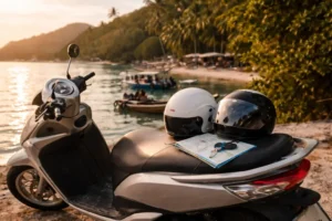 cooter de location à Koh Phangan avec casques et clés, prêt à partir explorer l’île.