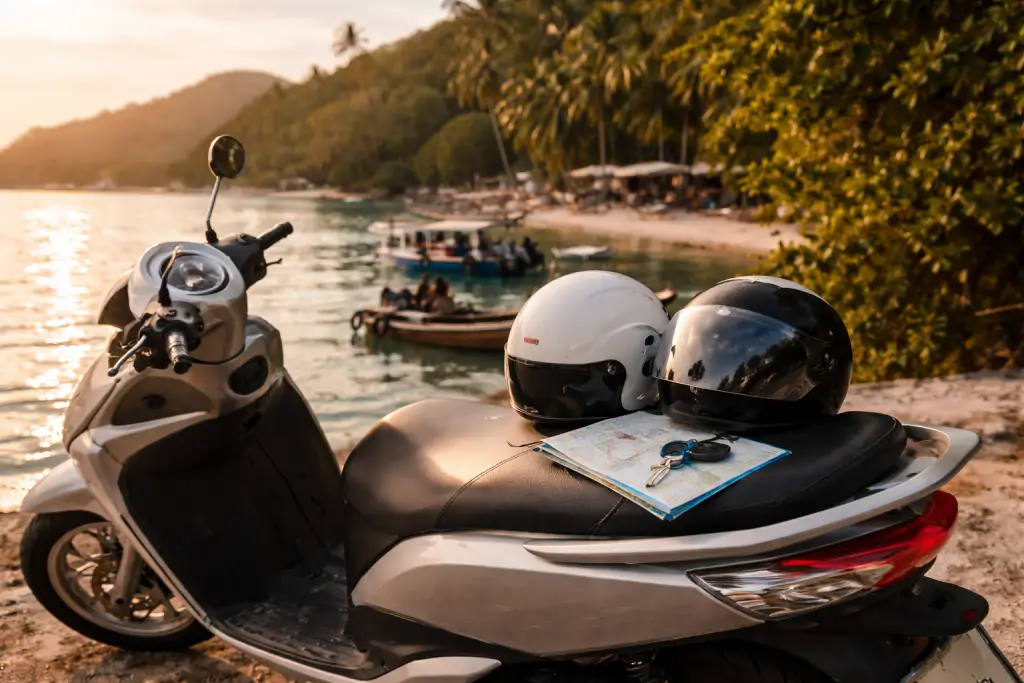 cooter de location à Koh Phangan avec casques et clés, prêt à partir explorer l’île.