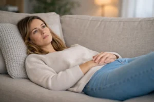 Femme allongée sur un canapé beige, regard pensif, ambiance calme et intimiste.
