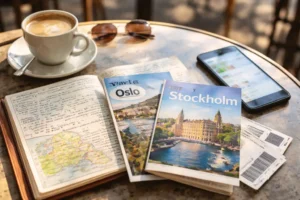 Table de café lumineuse avec carnet de voyage, cartes Oslo/Stockholm, billets de train et smartphone, en préparation de séjour.
