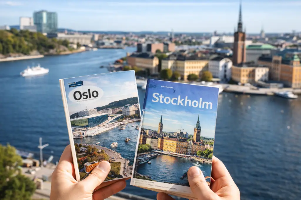 Deux guides de voyage “Oslo” et “Stockholm” tenus en main devant une vue sur une ville au bord de l’eau.
