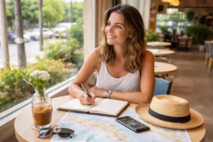 Voyageuse seule préparant son itinéraire aux Philippines dans un café, carnet et carte sur la table.