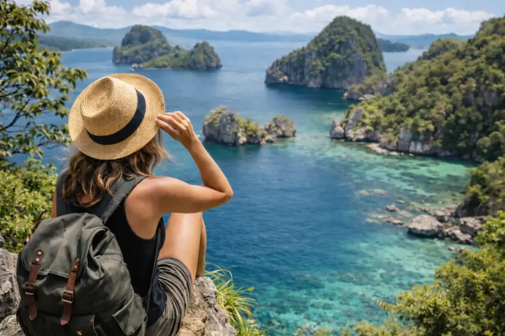 Voyageuse seule assise sur un rocher face à un lagon turquoise et des îlots calcaires aux Philippines, sac à dos et chapeau de paille.