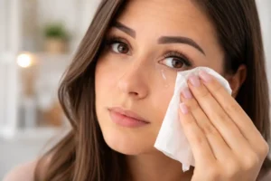 Personne essuyant une larme avec des extensions de cils visibles