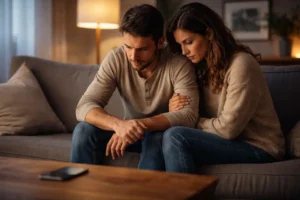 Couple assis sur un canapé en fin de journée, ambiance tendue et téléphone posé sur la table au premier plan