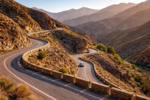Route du col Tizi n’Tichka entre Marrakech et Ouarzazate, virages de montagne dans le Haut Atlas.