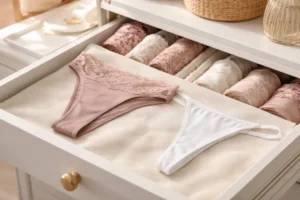 Tiroir à lingerie avec un string et un tanga posés côte à côte