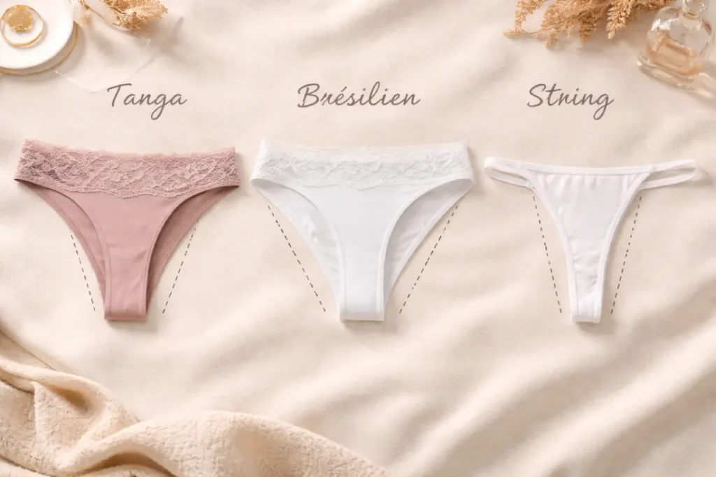 Trois sous-vêtements posés sur un tissu clair : un tanga, un brésilien et un string, présentés côte à côte.