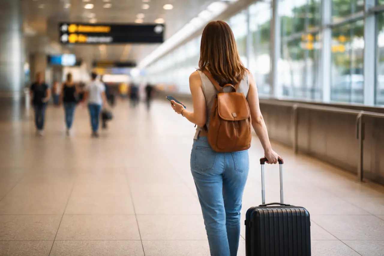 Voyageuse avec valise en zone d’arrivée, après l’atterrissage
