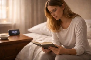Femme assise au bord de son lit, pensive, carnet en main au réveil.