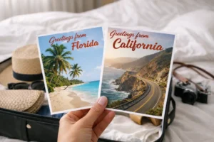 Main tenant deux cartes postales “Florida” et “California” au-dessus d’une valise ouverte sur un lit, lumière naturelle