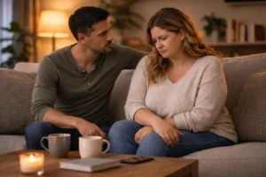 Couple assis sur un canapé, discussion sérieuse, femme triste et homme préoccupé.