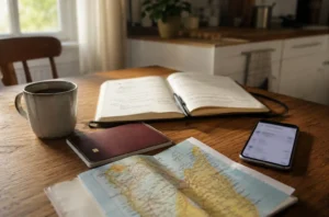 Carnet, passeport et carte de Madagascar sur une table pour préparer un départ