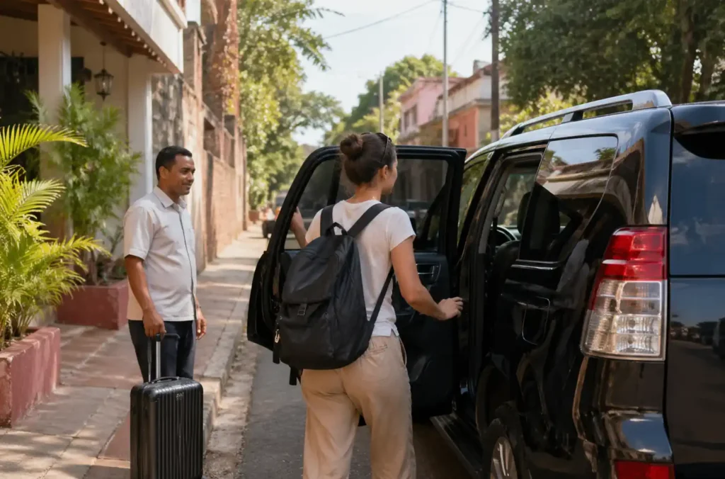 Personne montant dans un véhicule en journée pour un trajet organisé à Madagascar
