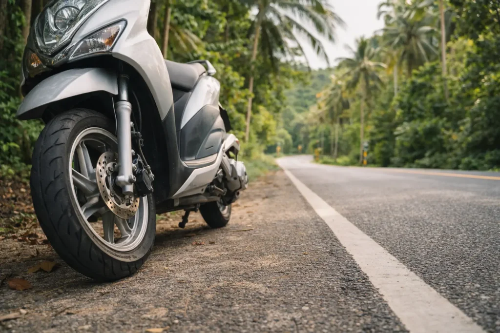 Gros plan sur la roue avant d’un scooter de location sur une route tropicale à Koh Phangan, pour vérifier l’état des pneus et des freins.