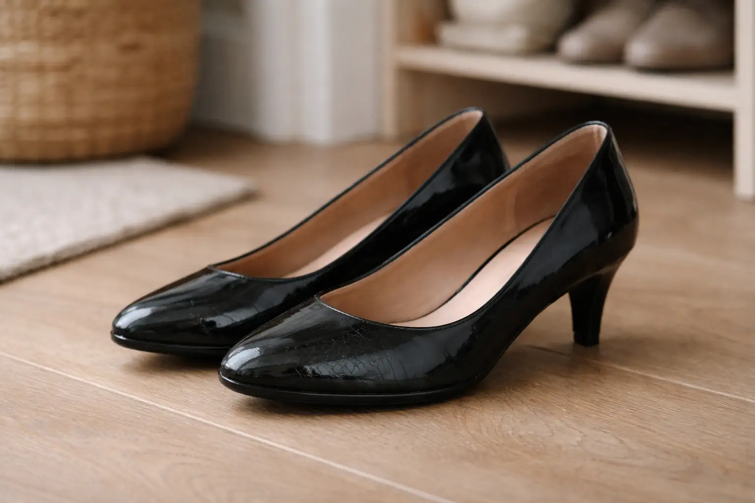 Paire de chaussures vernies avec fines craquelures visibles à l’avant