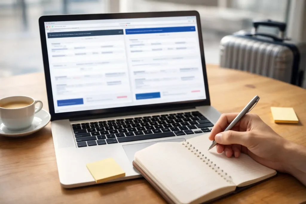 Main prenant des notes devant un ordinateur affichant deux réservations de vols floues, tasse de café et valise cabine en arrière-plan