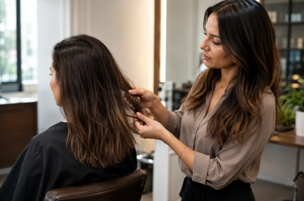 Coiffeuse observant une mèche de cheveux après un lissage brésilien raté