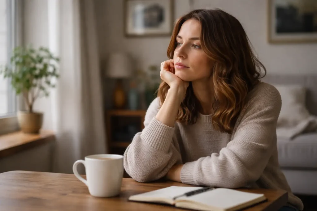 Personne seule chez elle, pensive devant une tasse, en train de réfléchir à ses sentiments