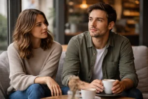 Couple assis dans un café, avec un homme pensif malgré une ambiance calme et complice