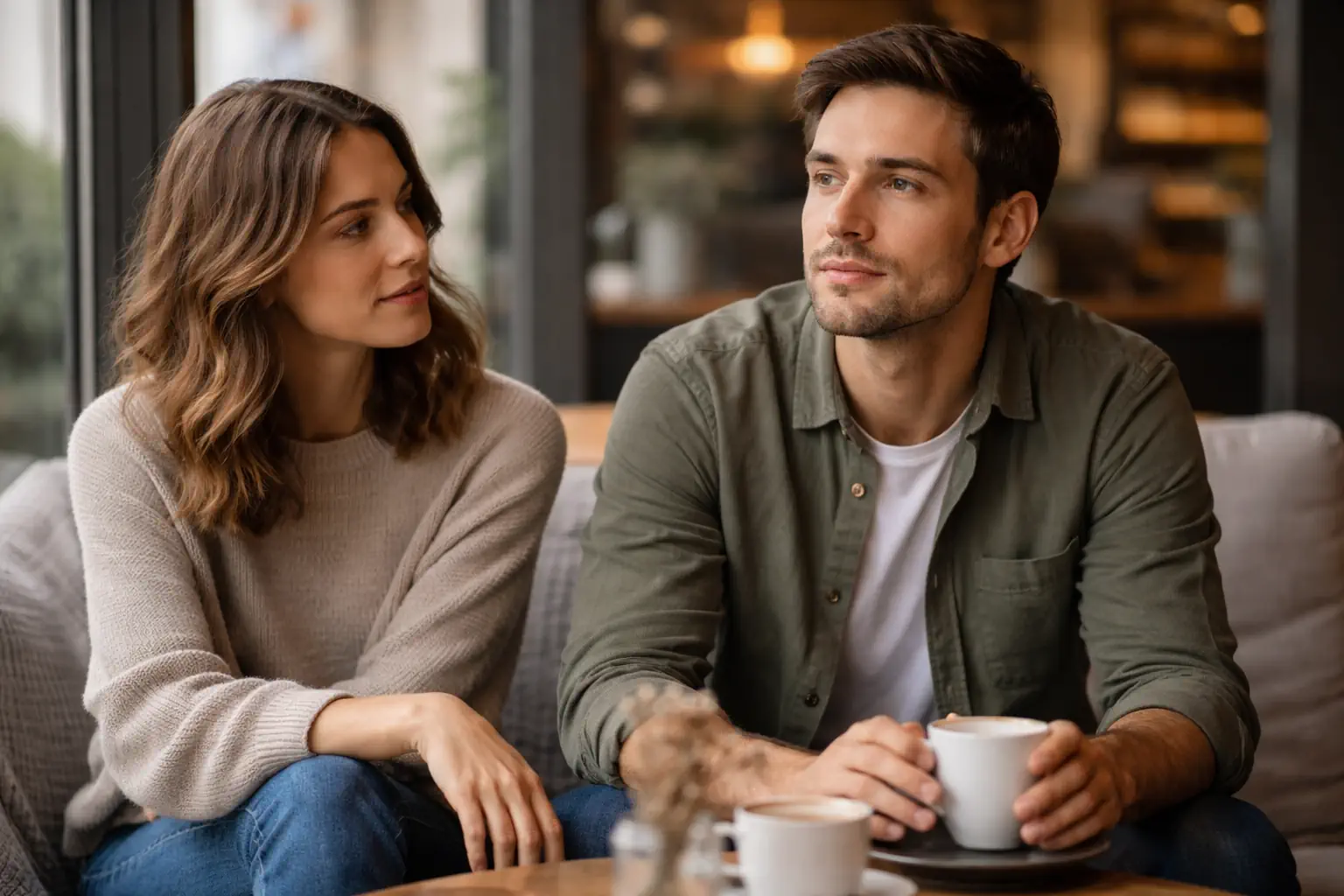 Couple assis dans un café, avec un homme pensif malgré une ambiance calme et complice