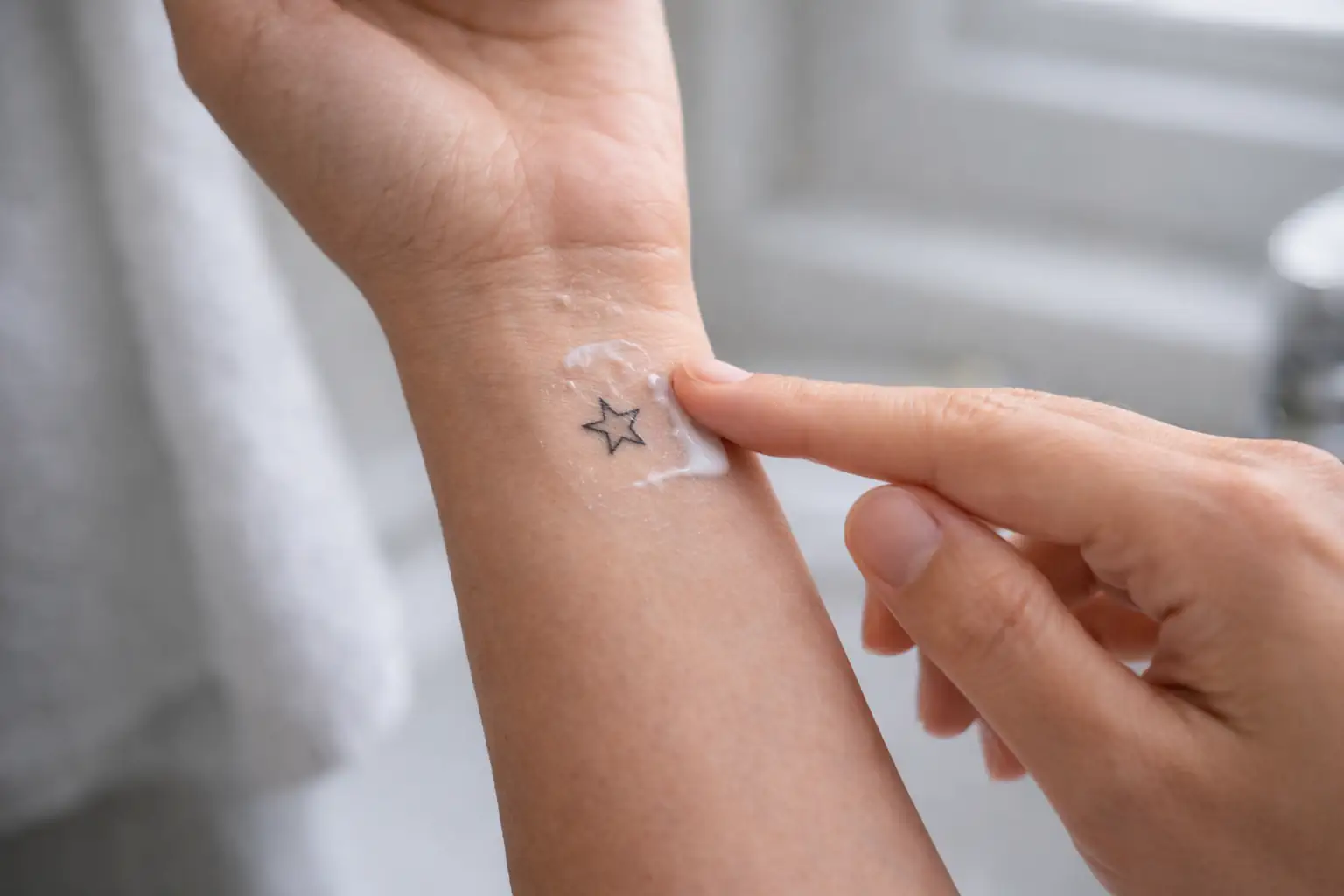 Main appliquant une fine couche de crème sur un petit tatouage en cours de cicatrisation