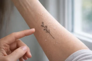 Avant-bras près d’une fenêtre avec tatouage fin et peau qui pèle légèrement