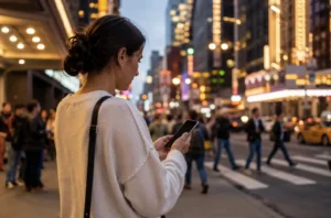 Personne vérifiant ses billets pour une sortie à New York sur son téléphone