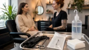 Plateau stérile et discussion avec une perceuse avant un piercing au téton