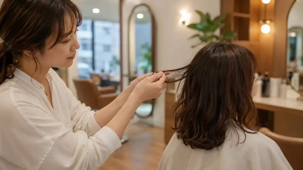 Coiffeuse vérifiant l’état des cheveux avant une mini vague