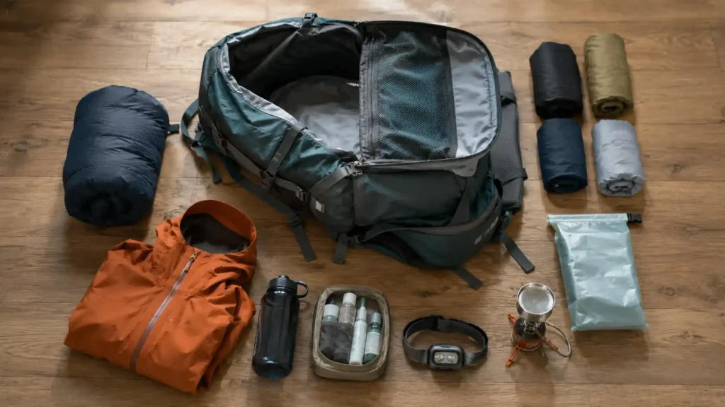 Équipement de randonnée organisé autour d’un sac à dos 60L