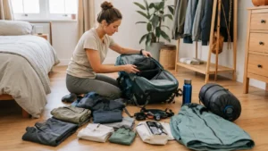 Femme qui prépare un sac à dos 60L pour une rando ou un voyage