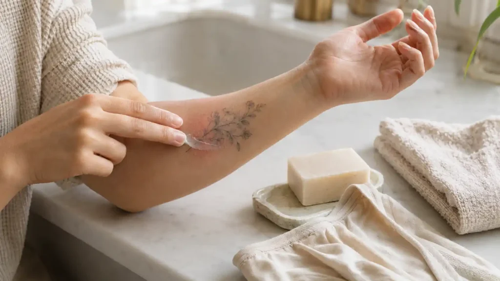 Application d’une fine couche de crème sur un tatouage récent pour éviter les irritations