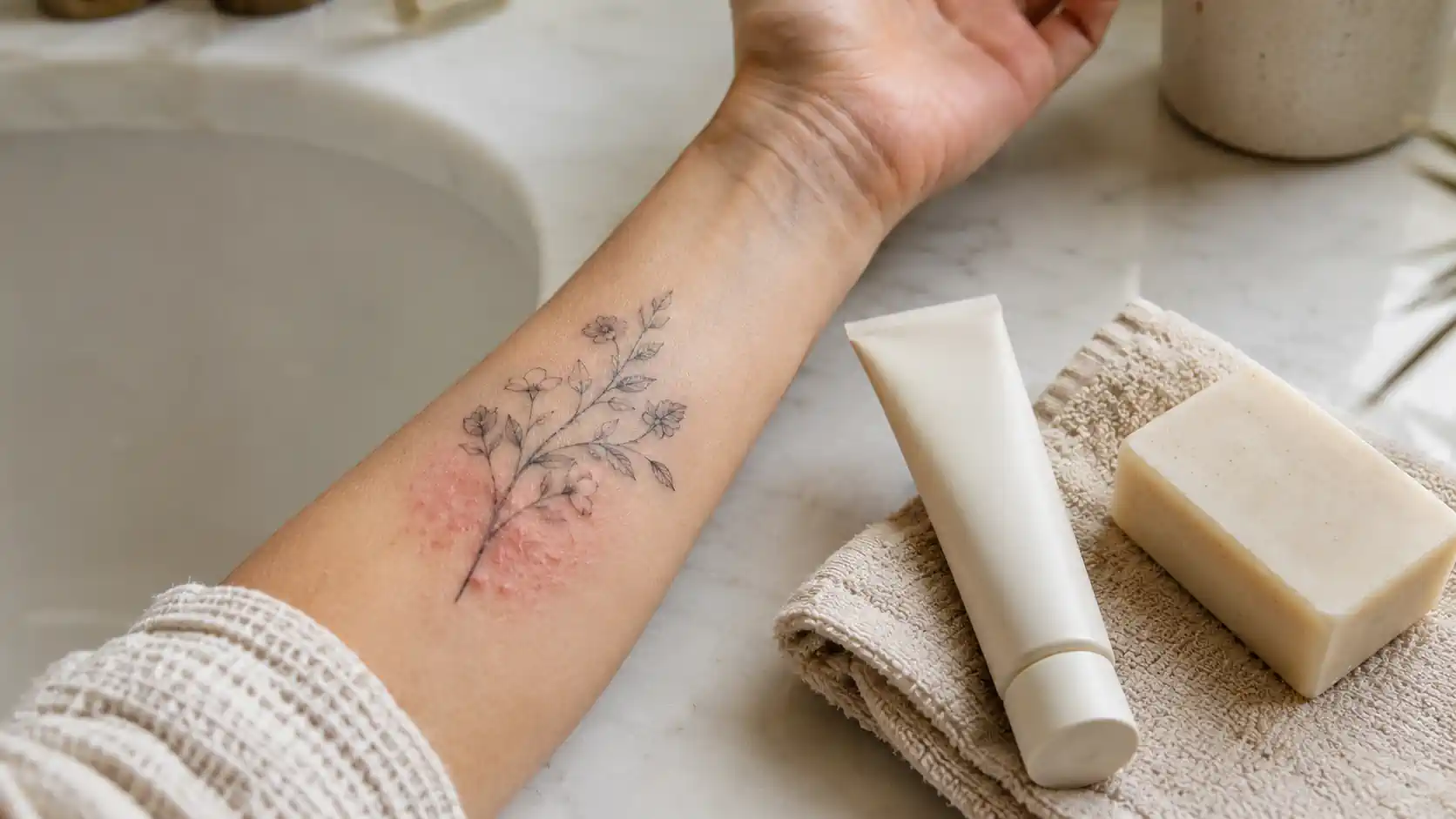 Avant-bras tatoué avec légère irritation cutanée pendant la cicatrisation