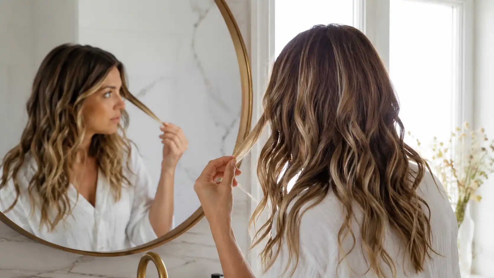 Femme observant ses mèches avant de faire une couleur par-dessus un balayage