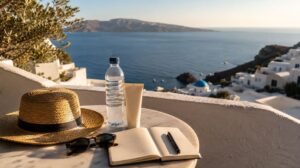 Terrasse avec vue sur la mer en Grèce en août avec carnet de voyage, lunettes de soleil et crème solaire