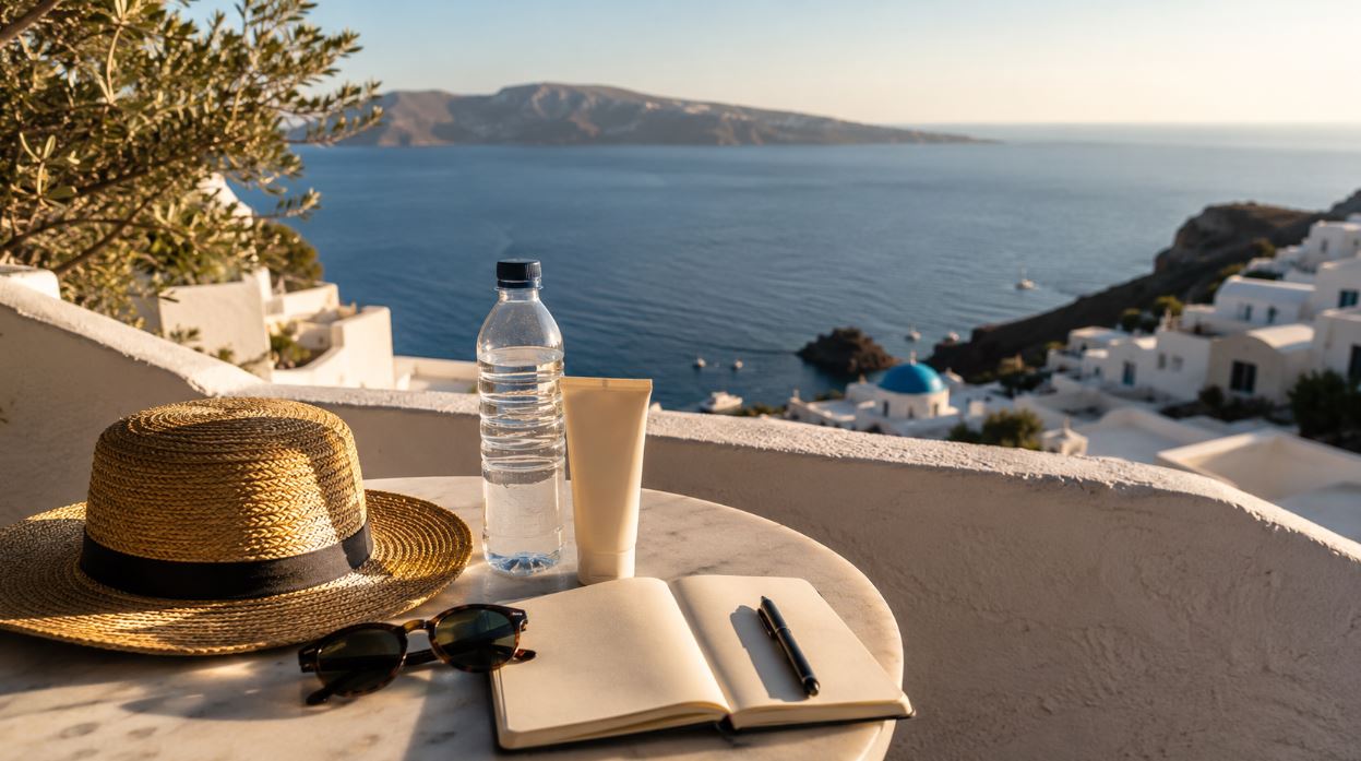 Terrasse avec vue sur la mer en Grèce en août avec carnet de voyage, lunettes de soleil et crème solaire