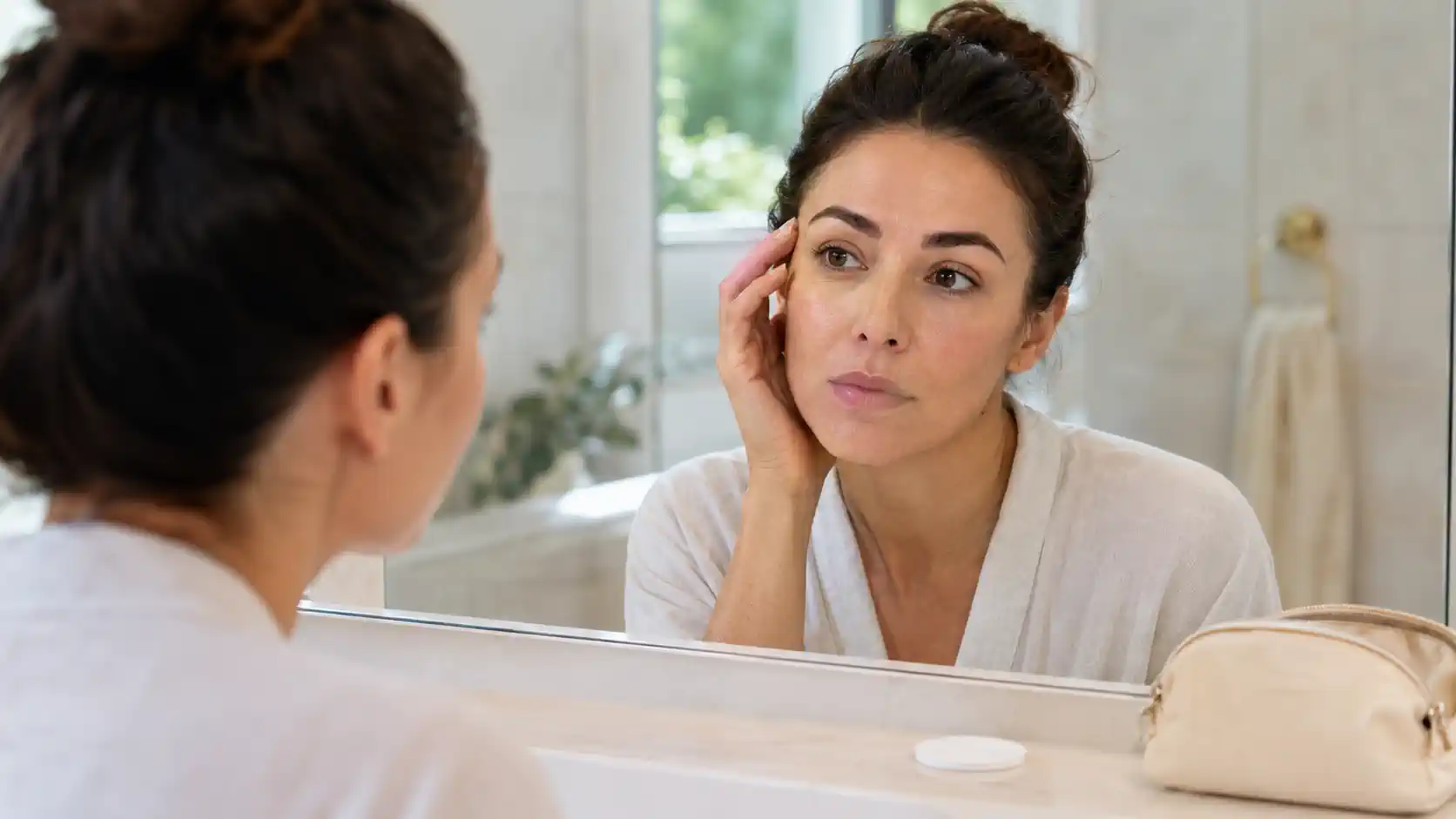 Femme observant la cicatrisation de son microblading après 5 jours devant un miroir