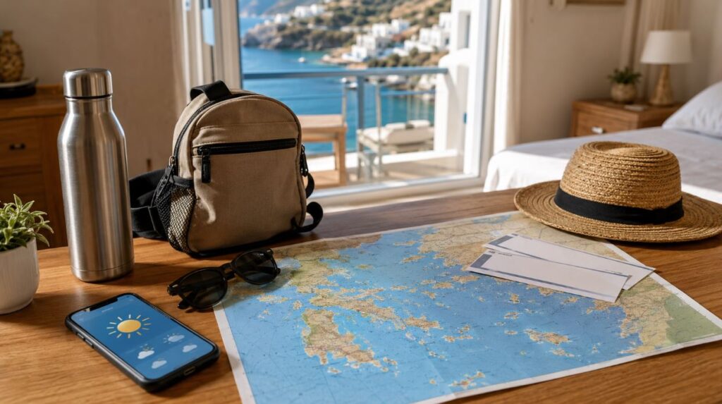 Préparation d’un voyage en Grèce en août avec carte, gourde, lunettes de soleil et billets de ferry