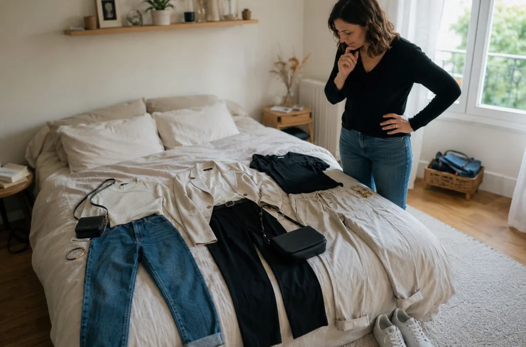 Femme comparant trois tenues de sa garde-robe pour mieux se mettre en valeur