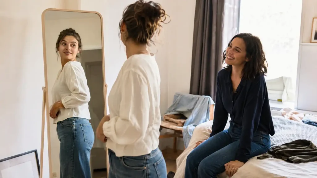 Deux amies échangeant un compliment sincère devant un miroir