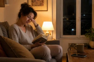 Femme fatiguée qui reste éveillée dans son salon tard le soir