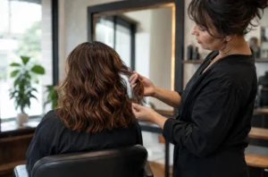 Coiffeuse examinant des cheveux colorés avec des ondulations souples