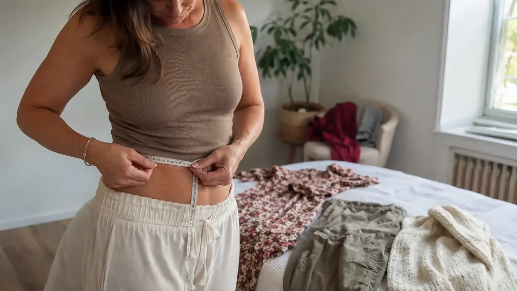 Femme prenant son tour de taille avant de choisir un vêtement Maje