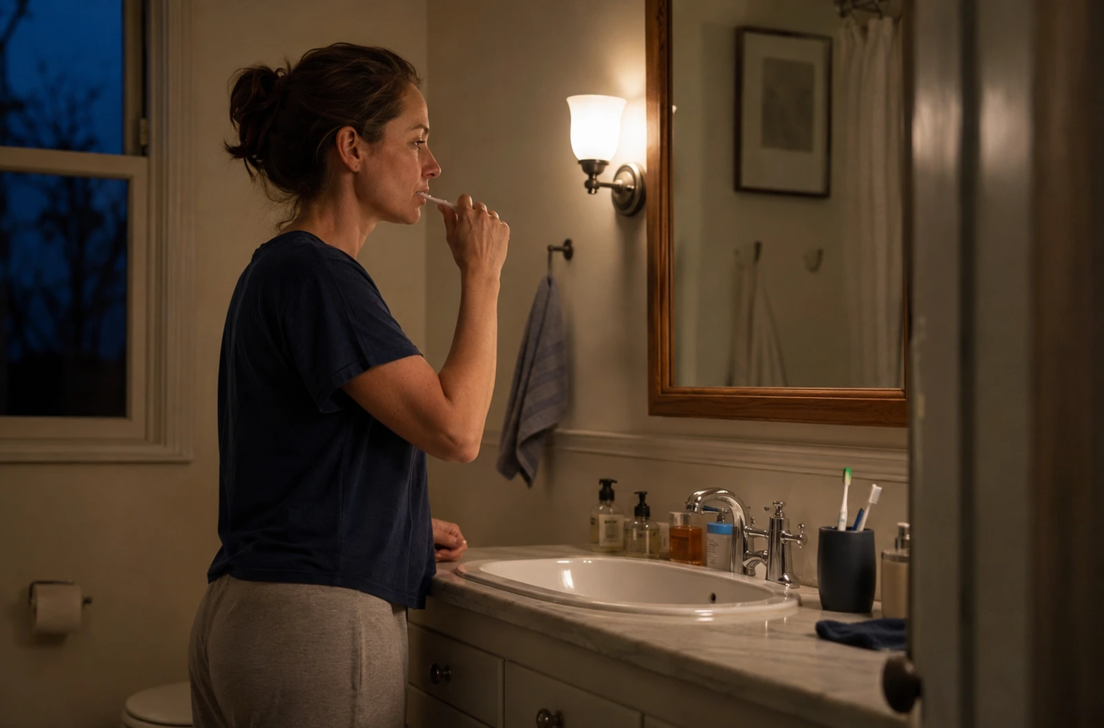 Femme se brossant les dents avant son dernier moment de détente