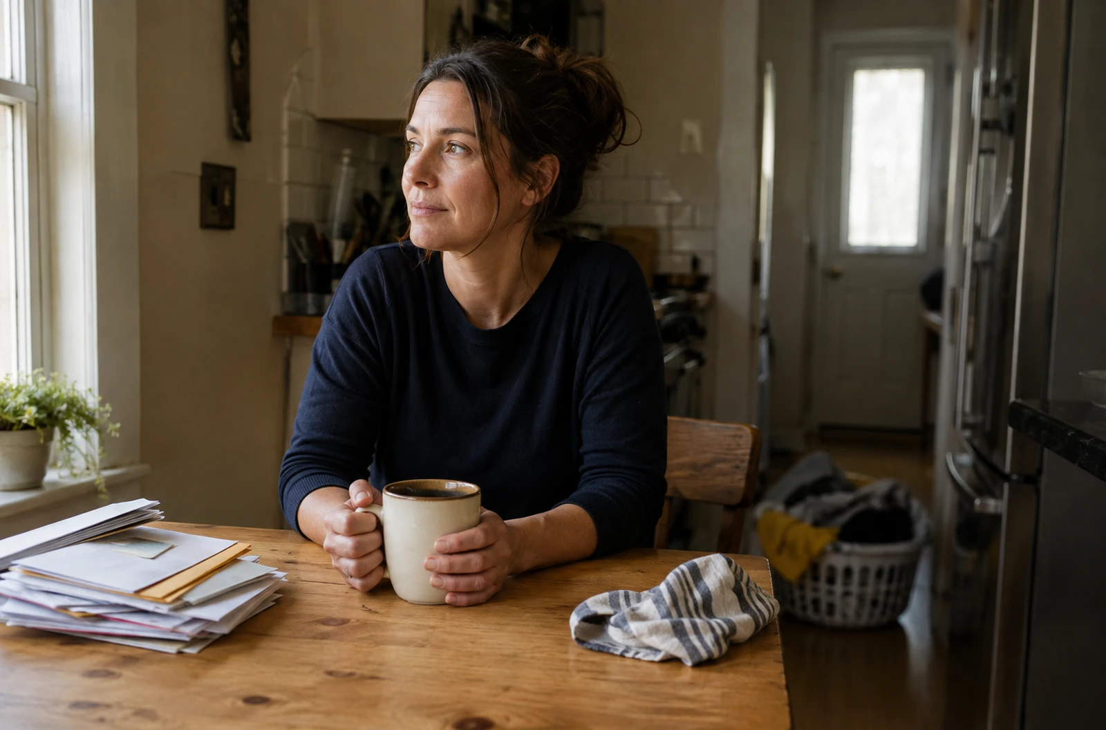 Femme prenant tranquillement une pause à une table sans chercher à être productive