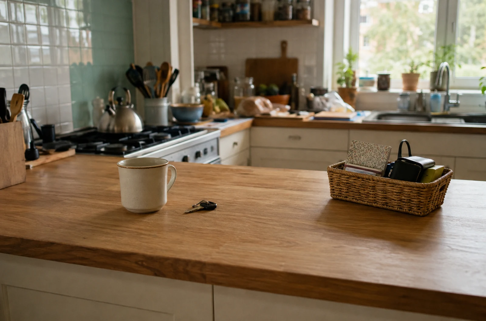 Petit espace de plan de travail dégagé dans une cuisine encore légèrement encombrée