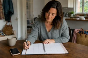 Femme préparant son planning de la semaine à une table dans un intérieur quotidien
