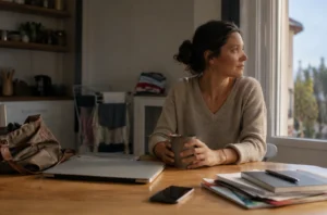 Femme assise quelques minutes à une table après une journée chargée