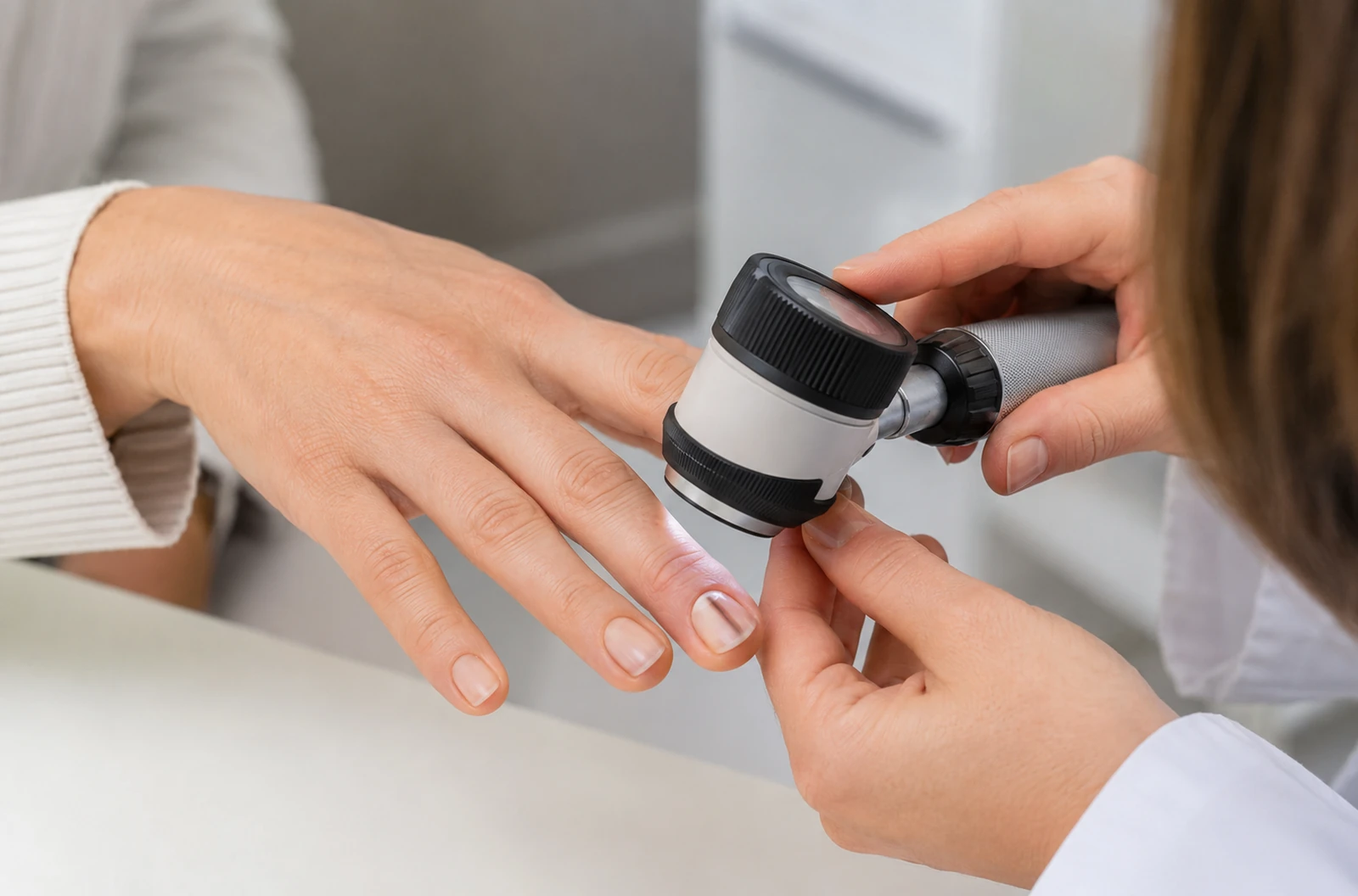 Dermatologue examinant une ligne sombre sur un ongle avec un dermatoscope